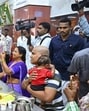 Andhra Pradesh chief minister N Chandrababu Naidu along with his family members serves ‘Anna Prasadam’ to devotees at Vengamamba in Tirumala. (PTI) Andhra Pradesh chief minister N Chandrababu Naidu along with his family members serves ‘Anna Prasadam’ to devotees at Vengamamba in Tirumala. (PTI)
