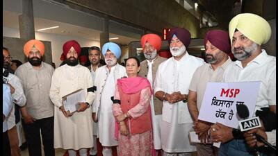 Congress MLAs after walking out of the Punjab assembly in Chandigarh during governor Gulab Chand Kataria’s address on the opening day of the budget session on Friday. (Ravi Kumar/HT) Congress MLAs after walking out of the Punjab assembly in Chandigarh during governor Gulab Chand Kataria’s address on the opening day of the budget session on Friday. (Ravi Kumar/HT)