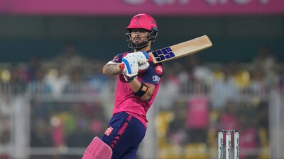 Rajasthan Royals' Riyan Parag plays a shot during the Indian Premier League cricket match between Rajasthan Royals and Punjab Kings (AP)