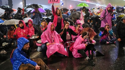 Demonstrators block a road during a protest against Israeli Prime Minister Benjamin Netanyahu's plan to dismiss the head of the Shin Bet internal security service, in Jerusalem on Thursday, March 20, 2025. (AP) Demonstrators block a road during a protest against Israeli Prime Minister Benjamin Netanyahu's plan to dismiss the head of the Shin Bet internal security service, in Jerusalem on Thursday, March 20, 2025. (AP)