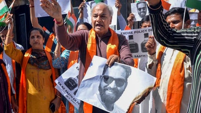 Members of the Shiv Sena Dogra Front protest against Aam Aadmi Party (AAP) MLA Mehraj Malik over his alleged objectionable remarks against a particular religion in the Jammu and Kashmir Assembly, in Jammu, Friday, March 21, 2025. (PTI) Members of the Shiv Sena Dogra Front protest against Aam Aadmi Party (AAP) MLA Mehraj Malik over his alleged objectionable remarks against a particular religion in the Jammu and Kashmir Assembly, in Jammu, Friday, March 21, 2025. (PTI)