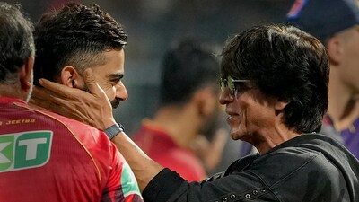 Kolkata: KKR owner Shah Rukh Khan exchanges greetings with Virat Kohli (PTI) Kolkata: KKR owner Shah Rukh Khan exchanges greetings with Virat Kohli (PTI)