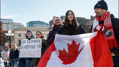 People gather for the "Elbows up" rally on Parliament Hill in Ottawa, Ontario, Canada, on March 9. (REUTERS) People gather for the "Elbows up" rally on Parliament Hill in Ottawa, Ontario, Canada, on March 9. (REUTERS)