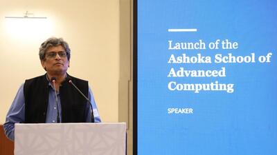 Professor Somak Raychaudhury, Vice-Chancellor of Ashoka University, speaking at the launch. (HT photo | Sourced) Professor Somak Raychaudhury, Vice-Chancellor of Ashoka University, speaking at the launch. (HT photo | Sourced)