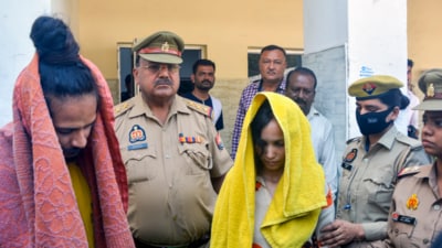 Meerut: Police take away Merchant Navy officer Saurabh Rajput's wife Muskan and her lover Sahil Shukla after they were arrested in connection with his murder, in Meerut, Wednesday, March 19, 2025. Muskan with her partner Sahil allegedly killed her husband Saurabh, dismembered his body, and sealed the body parts in a drum filled with cement (PTI) Meerut: Police take away Merchant Navy officer Saurabh Rajput's wife Muskan and her lover Sahil Shukla after they were arrested in connection with his murder, in Meerut, Wednesday, March 19, 2025. Muskan with her partner Sahil allegedly killed her husband Saurabh, dismembered his body, and sealed the body parts in a drum filled with cement (PTI)