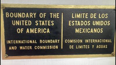The official border mark, which sits on the bridge of the Rio Grande river, as one travels from McAllen in Texas to the Mexican town of Progreso. (Photo by the writer) The official border mark, which sits on the bridge of the Rio Grande river, as one travels from McAllen in Texas to the Mexican town of Progreso. (Photo by the writer)