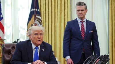 President Donald Trump, left, and Secretary of Defense Pete Hegseth listen during an event in the Oval Office of the White House in Washington, Friday, March 21, 2025. (AP) President Donald Trump, left, and Secretary of Defense Pete Hegseth listen during an event in the Oval Office of the White House in Washington, Friday, March 21, 2025. (AP)