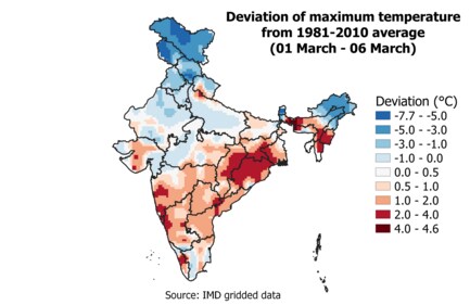 Deviation for maximum temperature from 1981-2010 average (March 1-6) Deviation for maximum temperature from 1981-2010 average (March 1-6)