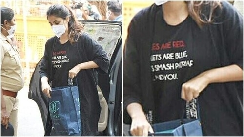 Rhea wore a T-shirt with the slogan "Roses are red, violets are blue, let’s smash the patriarchy, me and you" while appearing in court. (Pinterest) Rhea wore a T-shirt with the slogan "Roses are red, violets are blue, let’s smash the patriarchy, me and you" while appearing in court. (Pinterest)