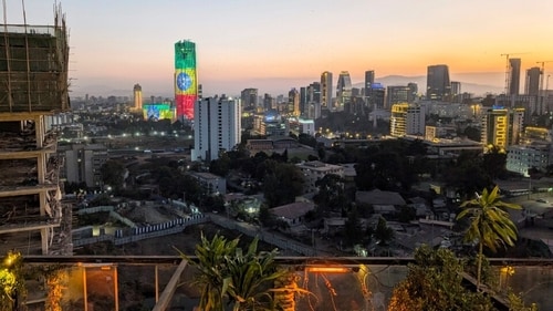Construction cranes rise over the skyline of Ethiopia's capital, Addis Ababa, seen from the rooftop 360 Lounge at Monarch Parkview Hotel. (AP) Construction cranes rise over the skyline of Ethiopia's capital, Addis Ababa, seen from the rooftop 360 Lounge at Monarch Parkview Hotel. (AP)