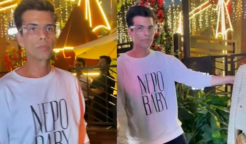Karan Johar wearing a quirky 'nepo baby' t shirt. (Instagram) Karan Johar wearing a quirky 'nepo baby' t shirt. (Instagram)