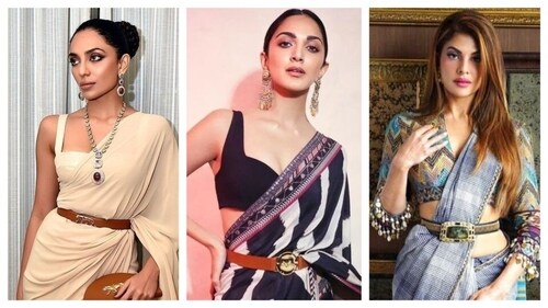 The belt cinches the straight silhouette at the waist, bringing out a more refined, snatched look. This contemporary accessory lifts up the saree's vibe. (PC: Pinterest) The belt cinches the straight silhouette at the waist, bringing out a more refined, snatched look. This contemporary accessory lifts up the saree's vibe. (PC: Pinterest)