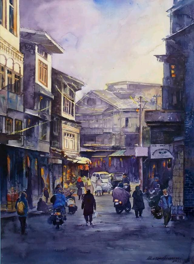 “My work is deeply embedded in the Kashmiri experience — its beauty, its pain, its survival.” (Painting by Masood Hussain) “My work is deeply embedded in the Kashmiri experience — its beauty, its pain, its survival.” (Painting by Masood Hussain)