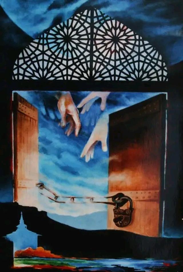 “Over time, as the reality around me changed, so did my themes.” (Painting by Masood Hussain) “Over time, as the reality around me changed, so did my themes.” (Painting by Masood Hussain)