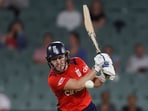 Heather Knight of England plays a shot during the Women's T20 cricket international cricket match between England and Australia at Adelaide Oval in Adelaide, Australia, Saturday, Jan. 25, 2025. (AP Photo/James Elsby)