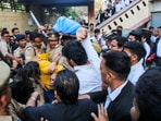 Police intervene as lawyers trash accused Sahil Shukla while he was being produced in a court in connection with Merchant Navy officer Saurabh Rajput's killing, in Meerut, Wednesday, March 19, 2025. Muskan with Sahil allegedly killed her husband Saurabh, dismembered his body, and sealed the body parts in a drum filled with cement. Police intervene as lawyers trash accused Sahil Shukla while he was being produced in a court in connection with Merchant Navy officer Saurabh Rajput's killing, in Meerut, Wednesday, March 19, 2025. Muskan with Sahil allegedly killed her husband Saurabh, dismembered his body, and sealed the body parts in a drum filled with cement.