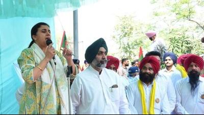 Col Pushpinder Bath’s wife Jasvinder Kaur addressing a gathering outside the DC office in Patiala on Saturday. (HT Photo) Col Pushpinder Bath’s wife Jasvinder Kaur addressing a gathering outside the DC office in Patiala on Saturday. (HT Photo)