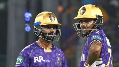 Josh Hazlewood dismissed Quinton de Kock early and KKR were 9/1 at the end of the third over. However, Ajinkya Rahane went berzerk and KKR stunningly finished the powerplay with a score of 60/1. Narine joined the party as well and together, the pair put up a partnership of 103 runs in just 55 balls. Rahane scored 56 runs in 31 balls.  (Hindustan Times)