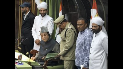 Jammu and Kashmir Assembly Speaker Abdul Rahim Rather conducts proceedings during the Budget session, in Jammu, on Saturday. (PTI) Jammu and Kashmir Assembly Speaker Abdul Rahim Rather conducts proceedings during the Budget session, in Jammu, on Saturday. (PTI)