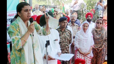 Jasvinder Kaur, wife of Colonel Pushpinder Bath, addresses a gathering outside the DC office in Patiala on Saturday. (ANI) Jasvinder Kaur, wife of Colonel Pushpinder Bath, addresses a gathering outside the DC office in Patiala on Saturday. (ANI)