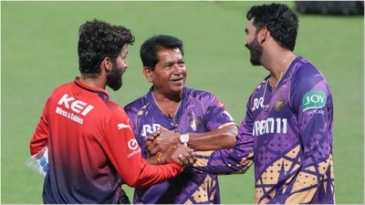 RCB captain Rajat Patidar (R) with KKR coach Chandrakant Pandit (c) and Venkatesh Iyer (PTI) RCB captain Rajat Patidar (R) with KKR coach Chandrakant Pandit (c) and Venkatesh Iyer (PTI)
