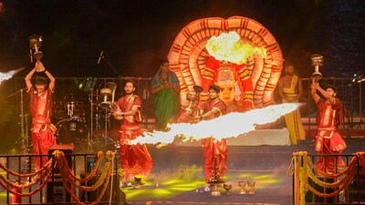 The event featured a series of cultural and religious elements, such as a grand procession, a puja, a lighting display, a laser show, and a live orchestra. (PTI)