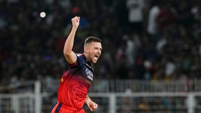 Josh Hazlewood took over in the death overs after Pandya's spell was done and he added to his tally with the wicket of Harshit Rana in the last over.  (PTI)