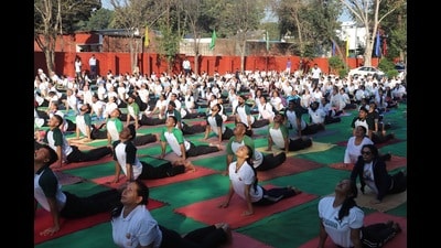 Participants demonstrating yoga at Government College of Yoga Education and Health, Sector 23-A, Chandigarh. (HT Photo) Participants demonstrating yoga at Government College of Yoga Education and Health, Sector 23-A, Chandigarh. (HT Photo)