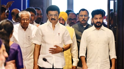 Tamil Nadu Chief Minister MK Stalin, Kerala CM Pinarayi Vijayan, Telangana CM Revanth Reddy, Punjab CM Bhagwant Mann, Karnataka Deputy CM DK Shivakumar and others during the first Joint Action Committee (JAC) meeting of states over the proposed delimitation of Parliamentary seats by the Centre, in Chennai on Saturday. (PTI) Tamil Nadu Chief Minister MK Stalin, Kerala CM Pinarayi Vijayan, Telangana CM Revanth Reddy, Punjab CM Bhagwant Mann, Karnataka Deputy CM DK Shivakumar and others during the first Joint Action Committee (JAC) meeting of states over the proposed delimitation of Parliamentary seats by the Centre, in Chennai on Saturday. (PTI)