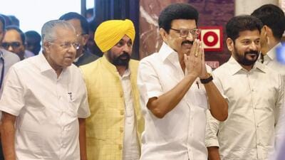 Tamil Nadu chief minister MK Stalin, Kerala CM Pinarayi Vijayan, Telangana CM Revanth Reddy and Punjab CM Bhagwant Mann during the first Joint Action Committee in Chennai on Saturday. (PTI) Tamil Nadu chief minister MK Stalin, Kerala CM Pinarayi Vijayan, Telangana CM Revanth Reddy and Punjab CM Bhagwant Mann during the first Joint Action Committee in Chennai on Saturday. (PTI)