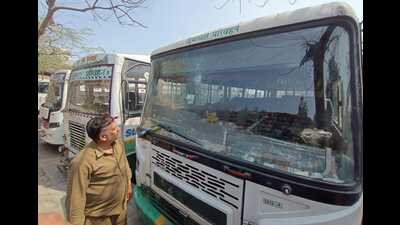 The vandalism was noticed by the locals and staff of the buses on Saturday morning. Their windscreens were broken and the word ‘Khalistan’ was found written in Punjabi on vehicles’ front and sides. (Sameer Sehgal/HT) The vandalism was noticed by the locals and staff of the buses on Saturday morning. Their windscreens were broken and the word ‘Khalistan’ was found written in Punjabi on vehicles’ front and sides. (Sameer Sehgal/HT)
