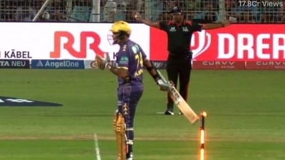 Sunil Narine hits the wickets