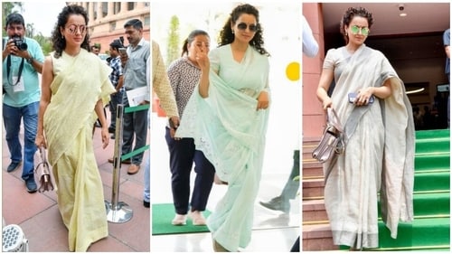 Kangana Ranaut's elegant cotton drapes for her Parliamentary duties. (PTI) Kangana Ranaut's elegant cotton drapes for her Parliamentary duties. (PTI)