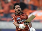 Sunrisers Hyderabad's Ishan Kishan celebrates after scoring a century off just 45 balls during the Indian Premier League cricket match between Sunrisers Hyderabad and Rajasthan Royals in Hyderabad. In the end, he remained unbeaten on 106 as SRH posted 286/6 in 20 overs.  