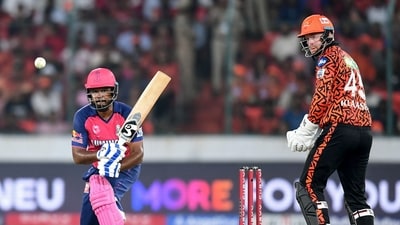 Sanju Samson (L) plays a shot as Sunrisers Hyderabad's wicketkeeper Heinrich Klaasen watches. The right-hander scored 66 runs of 37 balls as he came out to bat as an impact player. (AFP) Sanju Samson (L) plays a shot as Sunrisers Hyderabad's wicketkeeper Heinrich Klaasen watches. The right-hander scored 66 runs of 37 balls as he came out to bat as an impact player. (AFP)