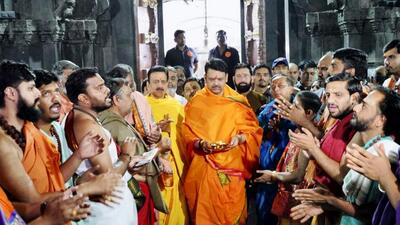 Fadnavis offered prayers at the Trimbakeshwar temple on Sunday. (PTI) Fadnavis offered prayers at the Trimbakeshwar temple on Sunday. (PTI)