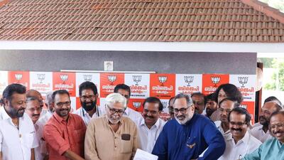 Former Union minister Rajeev Chandrasekhar files two sets of nomination papers for the position at the BJP headquarters in Thiruvananthapuram on Sunday. (HT photo) Former Union minister Rajeev Chandrasekhar files two sets of nomination papers for the position at the BJP headquarters in Thiruvananthapuram on Sunday. (HT photo)