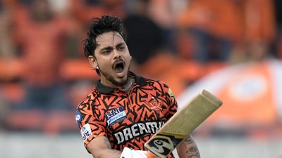 Sunrisers Hyderabad's Ishan Kishan celebrates after scoring a century off just 45 balls during the Indian Premier League cricket match between Sunrisers Hyderabad and Rajasthan Royals in Hyderabad. In the end, he remained unbeaten on 106 as SRH posted 286/6 in 20 overs. (AP) Sunrisers Hyderabad's Ishan Kishan celebrates after scoring a century off just 45 balls during the Indian Premier League cricket match between Sunrisers Hyderabad and Rajasthan Royals in Hyderabad. In the end, he remained unbeaten on 106 as SRH posted 286/6 in 20 overs. (AP)