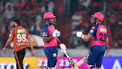 Sanju Samson and Dhruv Jurel put on 111 runs for the fourth wicket. Jurel smashed 70 runs off 35 balls. However, the duo's effort didn't prove enough as SunRisers Hyderabad registered a comfortable victory. (PTI) Sanju Samson and Dhruv Jurel put on 111 runs for the fourth wicket. Jurel smashed 70 runs off 35 balls. However, the duo's effort didn't prove enough as SunRisers Hyderabad registered a comfortable victory. (PTI)