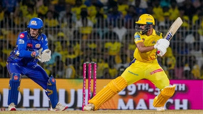 CSK lost an early wicket but captain Ruturaj Gaikwad and Rachin Ravindra seemed to put them on cruise mode. The pair put up a partnership of 67 runs for the second wicket, with Gaikwad scoring 53 in 26 balls. (PTI) CSK lost an early wicket but captain Ruturaj Gaikwad and Rachin Ravindra seemed to put them on cruise mode. The pair put up a partnership of 67 runs for the second wicket, with Gaikwad scoring 53 in 26 balls. (PTI)