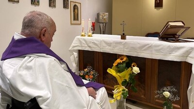 Pope Francis during a mass in the chapel of the appartment of the Gemelli Hospital where he is hospitalized with pneumonia. (AFP) Pope Francis during a mass in the chapel of the appartment of the Gemelli Hospital where he is hospitalized with pneumonia. (AFP)