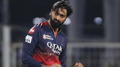 Royal Challengers Bengaluru's Krunal Pandya celebrates a wicket during the IPL match against Kolkata Knight Riders. (ANI) Royal Challengers Bengaluru's Krunal Pandya celebrates a wicket during the IPL match against Kolkata Knight Riders. (ANI)