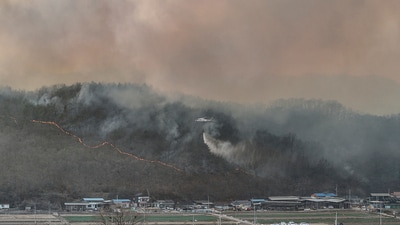South Korea wildfires: Authorities have mobilized dozens of vehicles and hundreds of officials to extinguish the fire that has burned about 847 hectares of land and prompted some 260 residents of Sancheong to evacuate, the forest agency said. (AP) South Korea wildfires: Authorities have mobilized dozens of vehicles and hundreds of officials to extinguish the fire that has burned about 847 hectares of land and prompted some 260 residents of Sancheong to evacuate, the forest agency said. (AP)