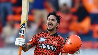 SRH's Ishan Kishan celebrates his ton against RR on Sunday. (AFP) SRH's Ishan Kishan celebrates his ton against RR on Sunday. (AFP)