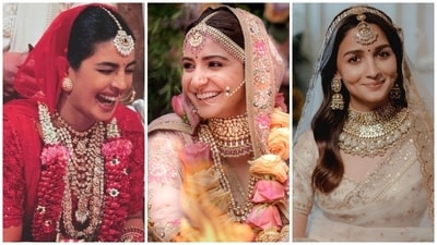 Priyanka Chopra, Anushka Sharma and Alia Bhatt wear mang tika, matha patti and sheesh phool (respectively) on their wedding day. Priyanka Chopra, Anushka Sharma and Alia Bhatt wear mang tika, matha patti and sheesh phool (respectively) on their wedding day.