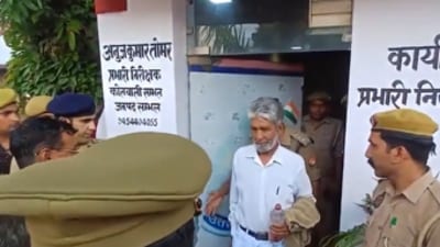 Shahi Jama Masjid president Zafar Ali being escorted by the police personnel in Sambhal on Sunday. (ANI/X) Shahi Jama Masjid president Zafar Ali being escorted by the police personnel in Sambhal on Sunday. (ANI/X)