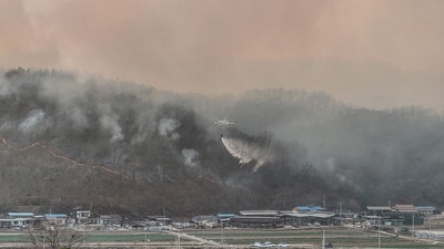South Korea wildfires: At least two firefighters have been killed in a wildfire in South Korea and more than 200 residents in 15 southern villages have been told to evacuate, authorities said on March 22. (AFP) South Korea wildfires: At least two firefighters have been killed in a wildfire in South Korea and more than 200 residents in 15 southern villages have been told to evacuate, authorities said on March 22. (AFP)