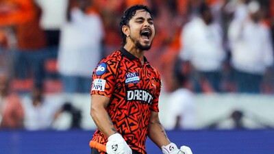 Sunrisers Hyderabad's Ishan Kishan celebrates his century. (Surjeet Yadav) Sunrisers Hyderabad's Ishan Kishan celebrates his century. (Surjeet Yadav)