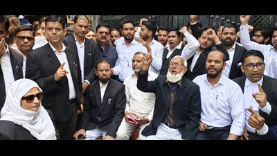 Advocates protest against the arrest of Shahi Jama Masjid president Zafar Ali, at a local court in Sambhal, Monday (PTI) Advocates protest against the arrest of Shahi Jama Masjid president Zafar Ali, at a local court in Sambhal, Monday (PTI)