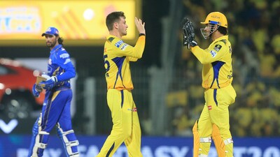 Chennai Super Kings' Noor Ahmad, center, celebrates with teammate Mahendra Singh Dhoni the dismissal of Mumbai Indians' Tilak Verma. (AP) Chennai Super Kings' Noor Ahmad, center, celebrates with teammate Mahendra Singh Dhoni the dismissal of Mumbai Indians' Tilak Verma. (AP)